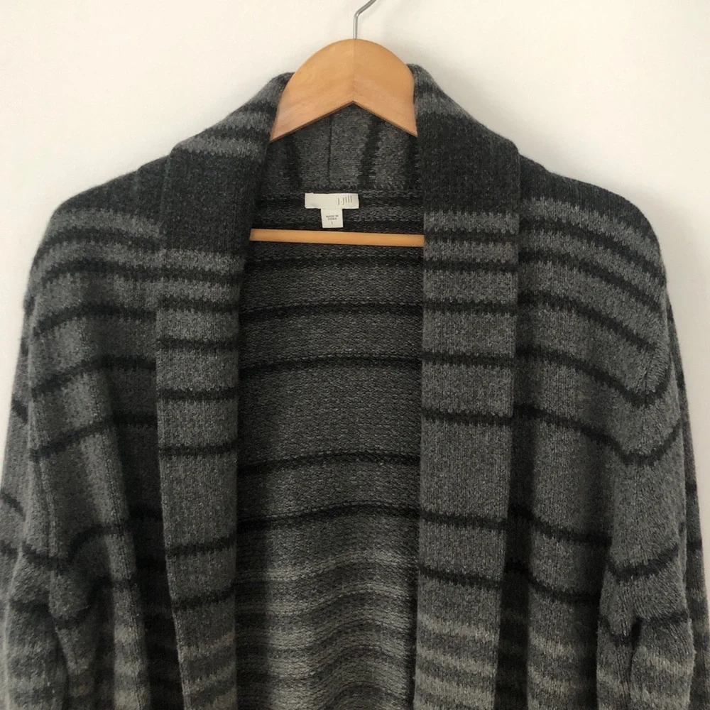 J Jill Wool Modal Blend Women's Gray Striped Long Open Front Cardigan Pockets L